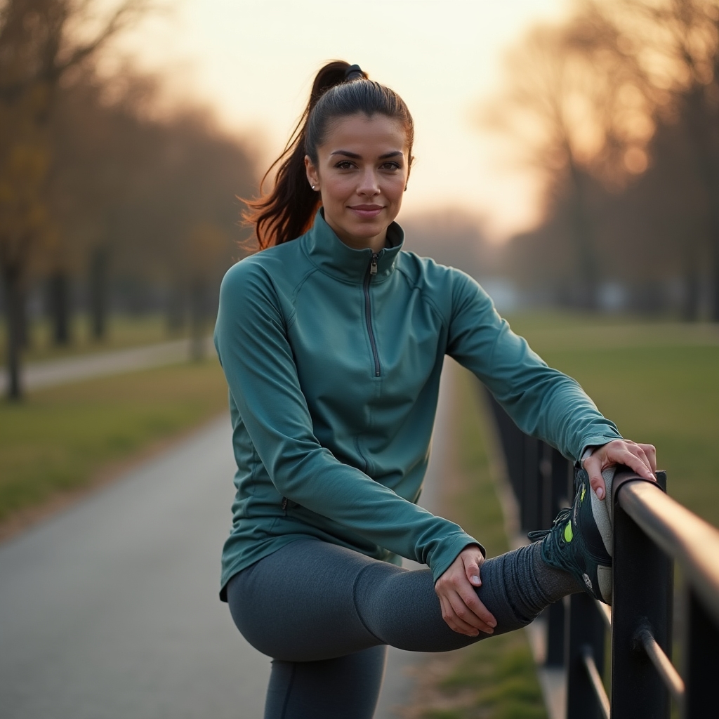 An adult stretching outdoors before a light jog, checking in with how their body feels