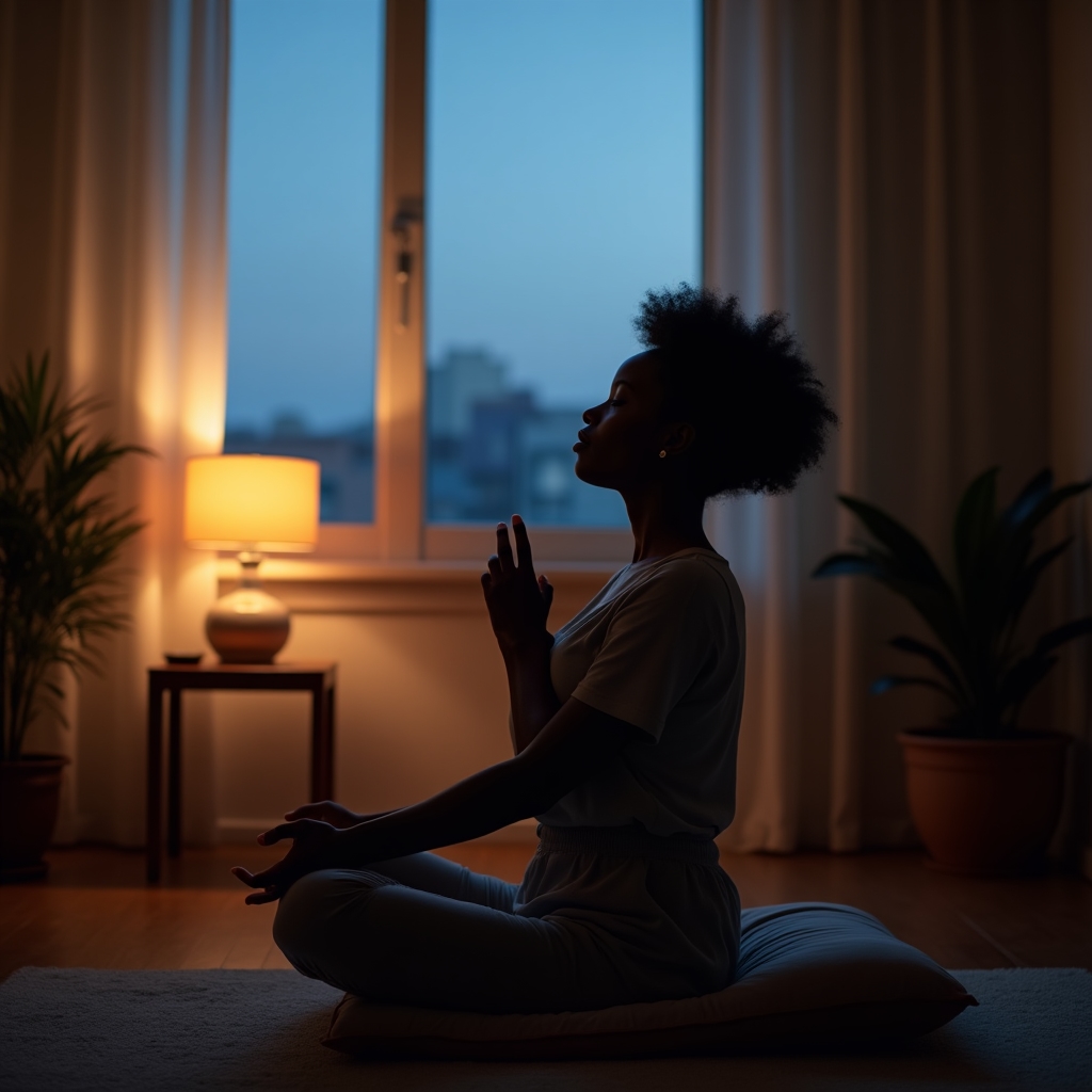 A calm evening scene of a person sitting cross-legged near a window practicing slow breathing