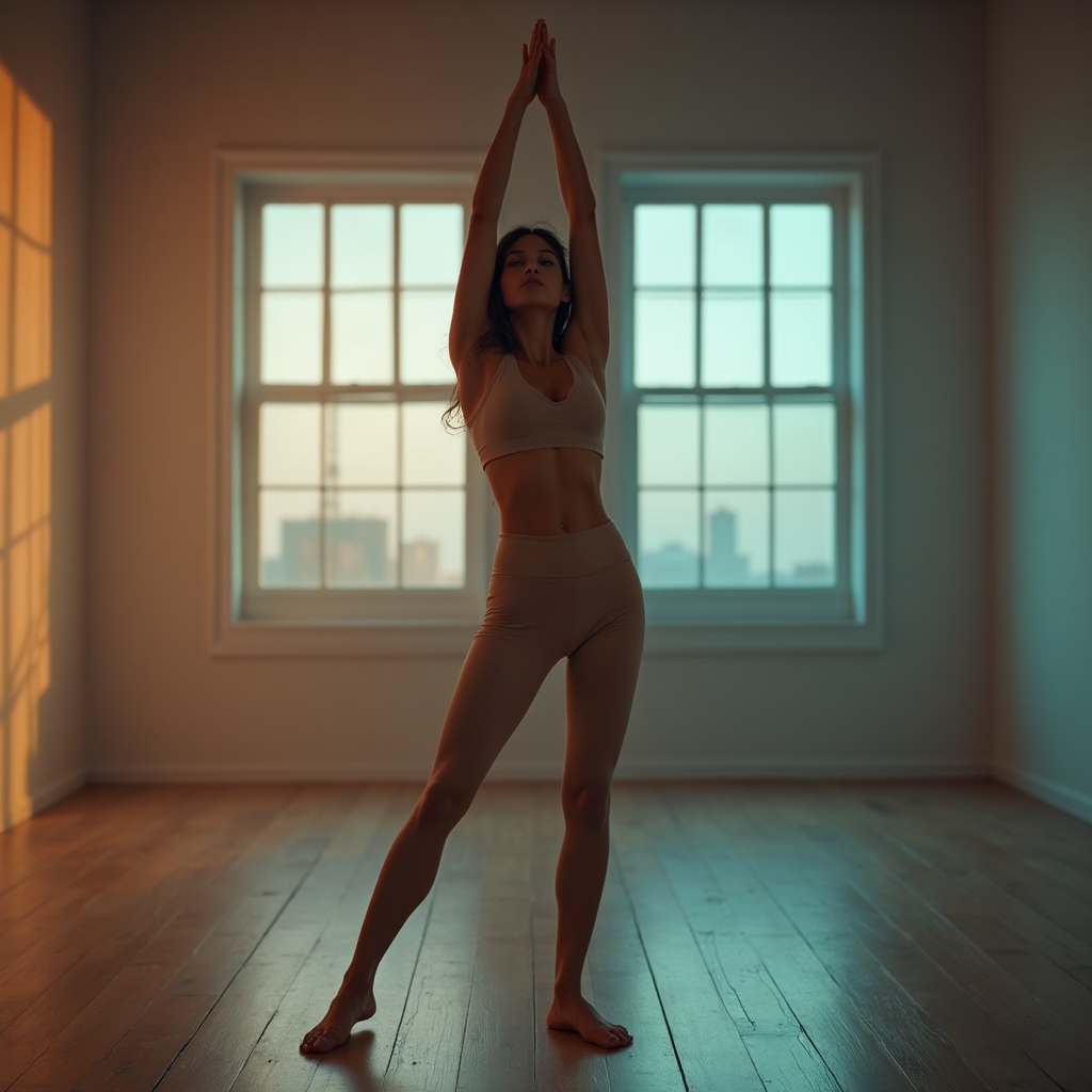 A person practicing a slow, mindful stretch in soft evening light