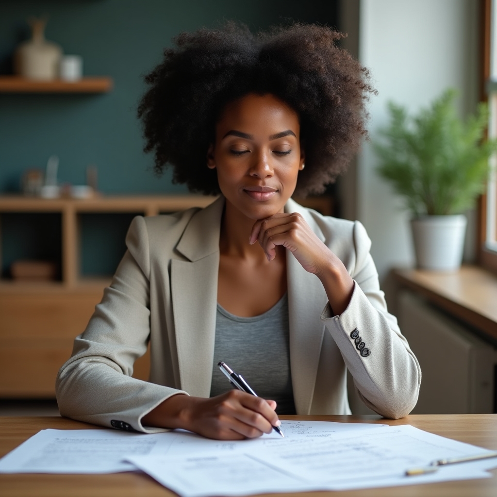 A wellness educator reviewing course materials at a desk with notes on movement and rest