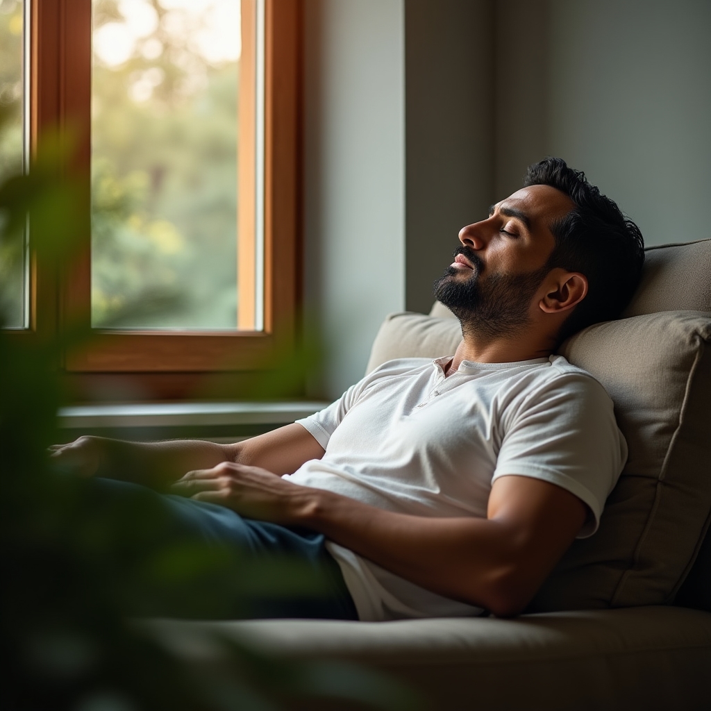 A person resting comfortably on a couch with eyes closed during a quiet afternoon break