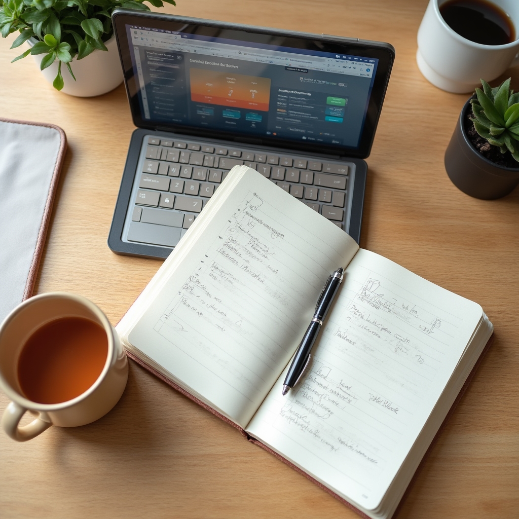 A tablet displaying a self-paced course dashboard beside a handwritten reflection journal