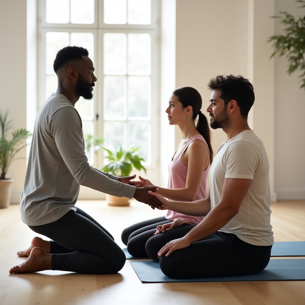 An instructor guiding a small group through a slow body-awareness exercise in a bright studio
